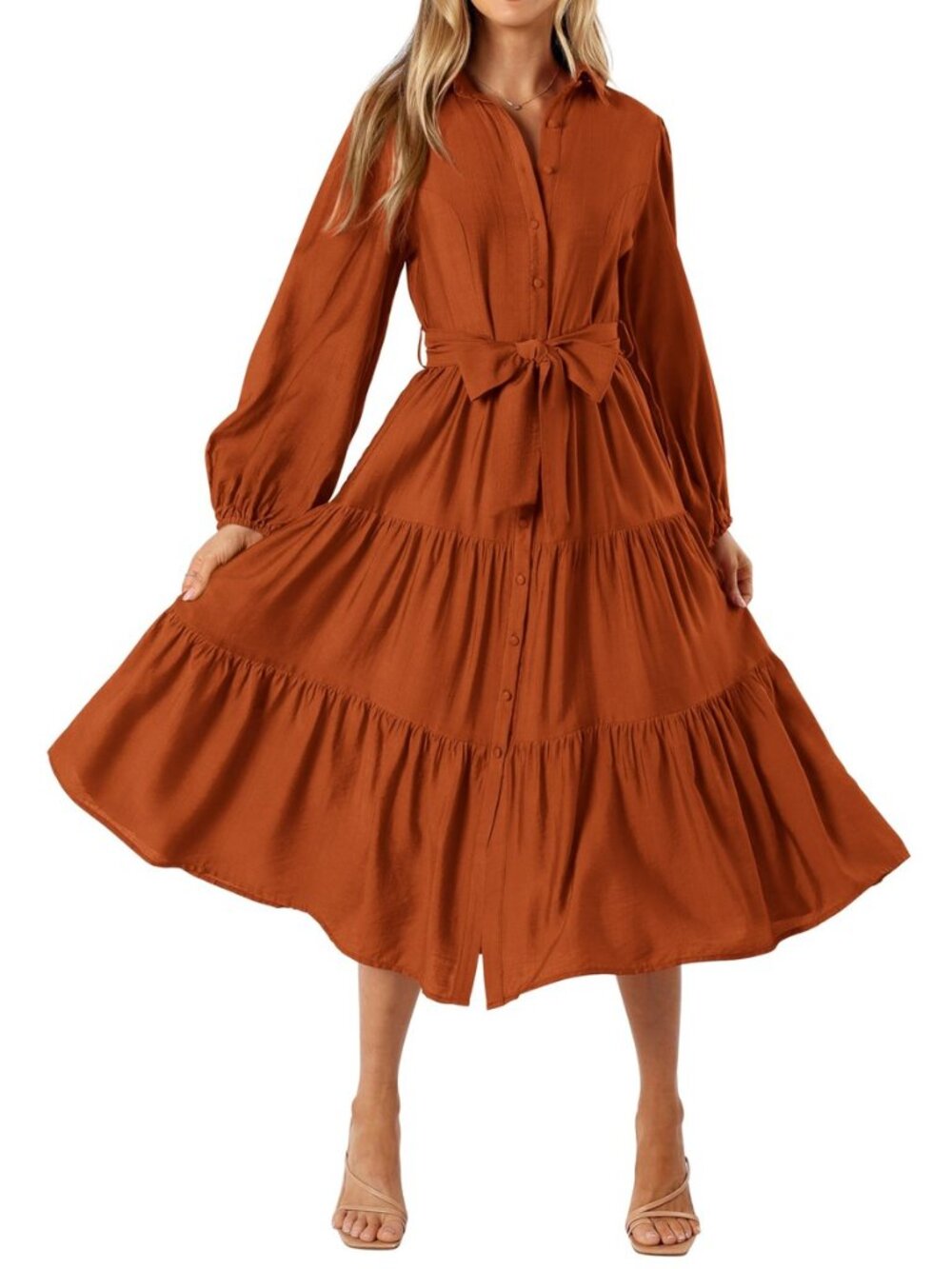 Womens Dresses Fall Button Long Sleeve Midi Dress